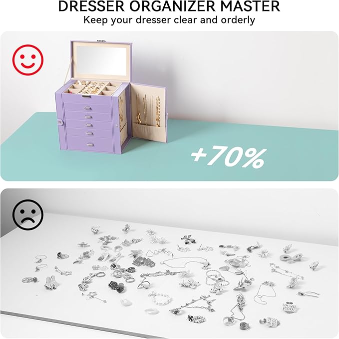 Frebeauty Large Jewelry Box,6-Tier PU Leather Jewelry Organizer,Multi-functional Storage Case with Mirror,Accessories Holder with 5 Drawers for Necklace Bracelets Watches（Purple）