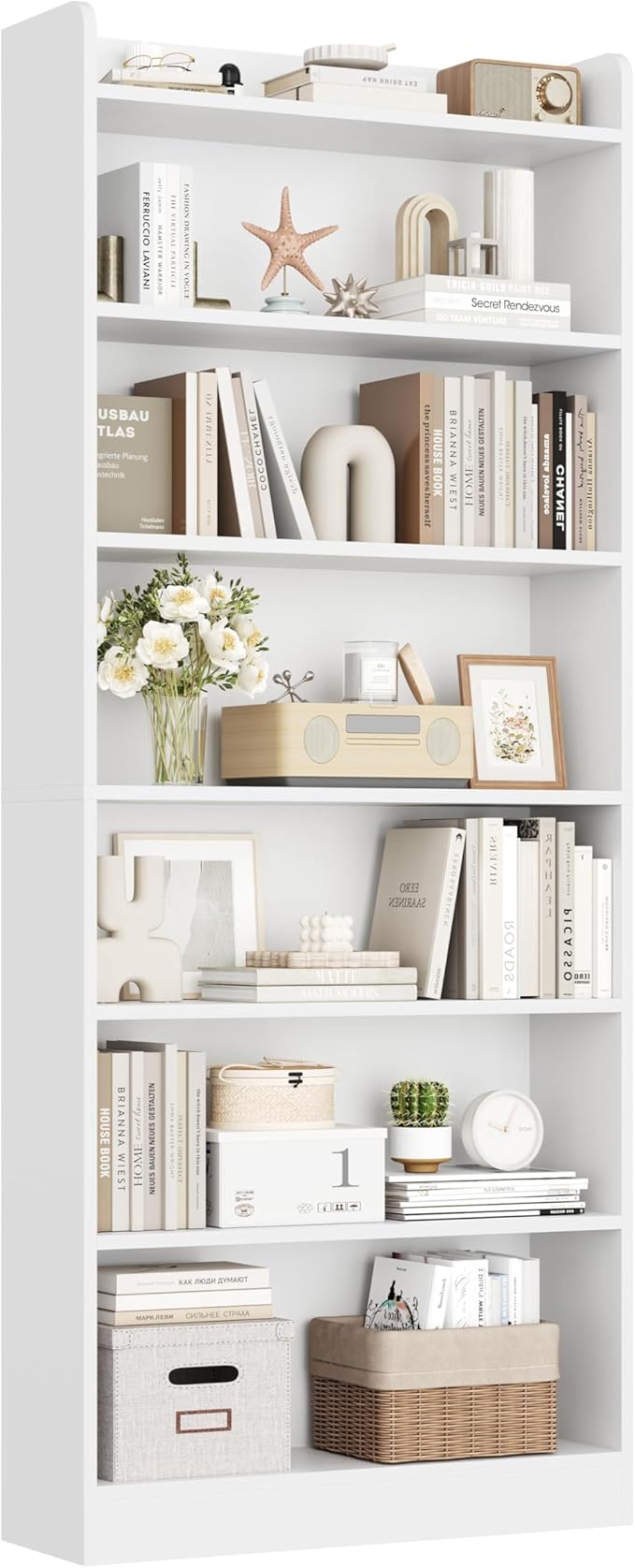 Yaheetech 7-Tier Open Bookcase and Bookshelf, Modern Simple Floor Standing Display Storage Shelves with Top Open Compartment for Home Office, Living Room, Bed Room - White