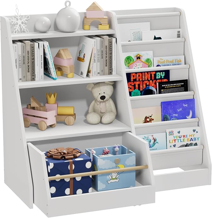 Kids Bookshelf with Toy Storage Organizer Movable Drawer, Toddler Bookcase 5 Sling Child Book Rack 4-Tier Shelf Cabinet Chest with Wheels for Nursery,Playroom,Bedroom,Living Room,Classroom