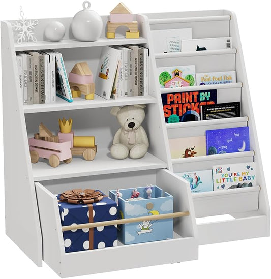 Kids Bookshelf with Toy Storage Organizer Movable Drawer, Toddler Bookcase 5 Sling Child Book Rack 4-Tier Shelf Cabinet Chest with Wheels for Nursery,Playroom,Bedroom,Living Room,Classroom