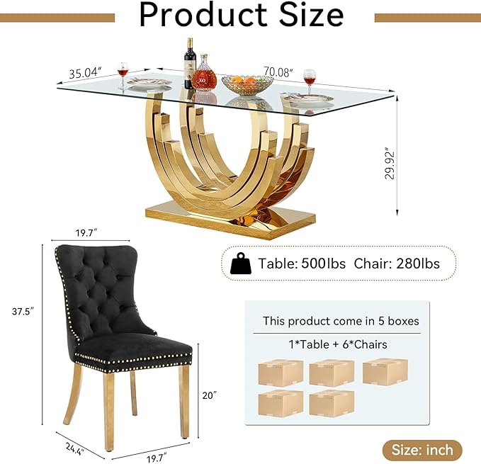 7 Piece Dining Table Set with 6 Black Dining Chairs, Modern Glass Kitchen Table and Chairs Set for 6, 70" Rectangle Gold Glass Pedestal Dining Room Tables with Ring-Shape Stainless Steel Base