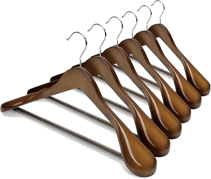 HOUSE DAY Wide Shoulder Wooden Hangers, Suit Hangers with Non Slip Pants Bar, Smooth Finish 360° Swivel Hook Solid Wood Coat Hangers for Dress, Jacket, Pants, Heavy Clothes Hangers 6 Pack (Walnut)