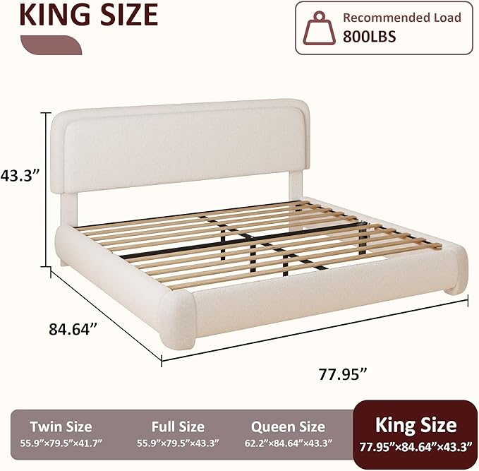 King Boucle Platform Bed Frame with Height Adjustable Headboard, Modern Upholstered Cloud Bed, Sleek Curved Design, No Box Spring Needed, Easy Assembly, Noise Free, White