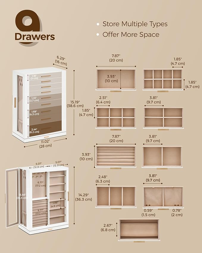 360° Rotating Jewelry Box with 9 Drawers, Spacious Vertical Jewelry Organizer with Glass Window, Jewelry Storage Case, Dustproof & Moisture-resistant Design, White