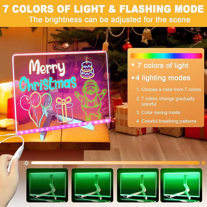 LED Acrylic Message Board, Light Up Acrylic Dry Erase Board with 7-Color Light, LED Note Board with Colors for Kids, Glow Memo Message Writing Board with Light, Drawing Stencils Set Included