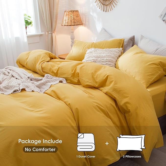 MooMee Bedding Duvet Cover Set 100% Washed Cotton Linen Like Textured Breathable Durable Soft Comfy (Solid Yellow, Cal King 104"x98")