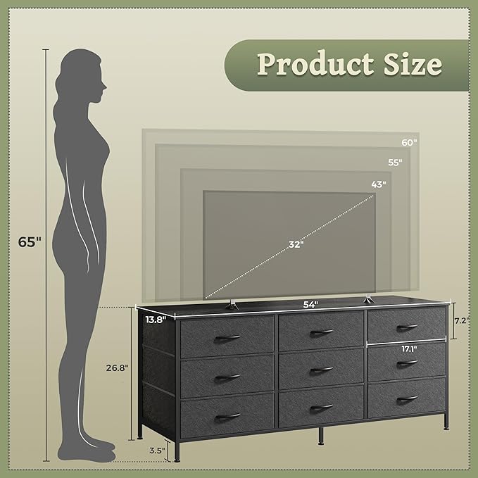 Huuger 9 Drawer Dresser, 55 Inch Dresser TV Stand for 55, 60 Inch TV, Entertainment Center with Drawers, for Bedroom, Closet, Black