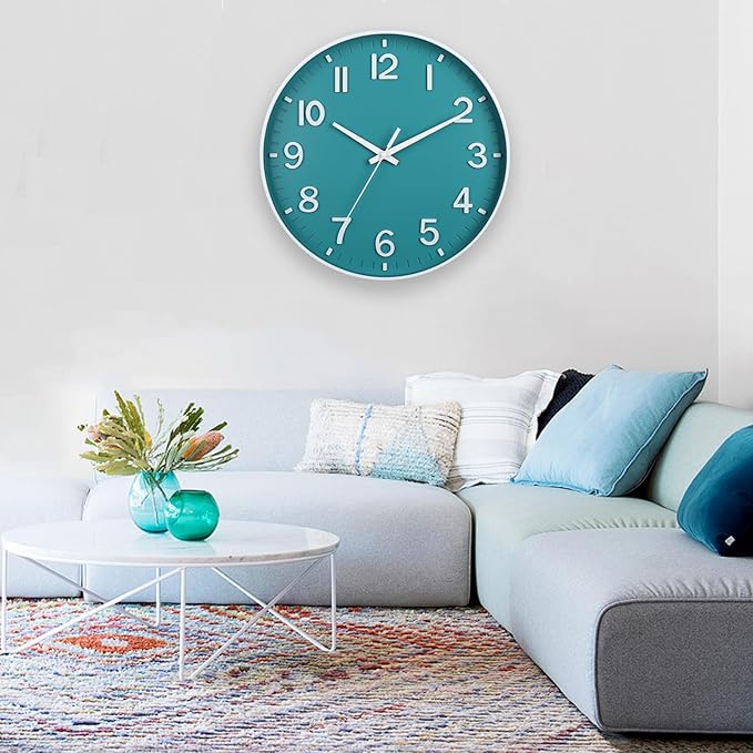 HZDHCLH Teal Wall Clocks Battery Operated,12 inch Silent Non Ticking Modern Wall Clock for Living Room Bedroom Kitchen Office Classroom Decor