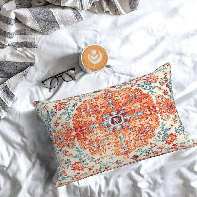Boho Throw Pillow Covers 12 x 20 Set of 2, Orange Blue Ethnic Design Pillow Covers Farmhouse Carpet Pattern Rustic Cushion Cases Decorative Gifts for Couch Sofa Indoor Outdoor