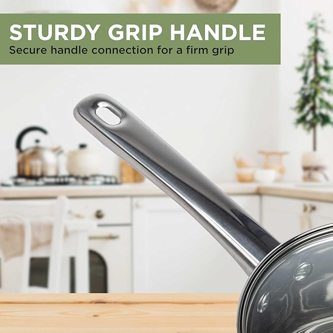 Ecolution Stainless Steel Sauce Pan, Encapsulated Induction Ready Cooking Pot with Glass Lid, Oven Safe, Dishwasher Safe Soup Pot, 3-Quart