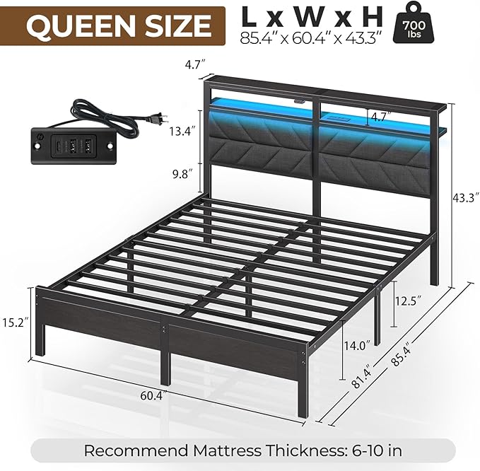 Seventable Bed Frame Queen Size with Charging Station, LED Bed with Upholstered Storage Headboard, Metal Platform Bed with Under Bed Storage, No Box Spring Needed, Noise Free, Easy Assembly, Grey