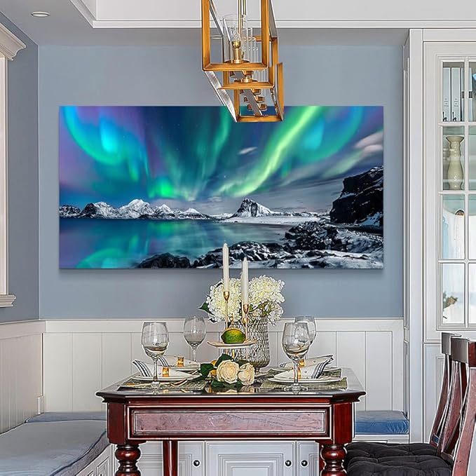 Wapluam Large Canvas Wall Art For Living Room Decorations For Bedroom Office Wall Decor Blue Aurora Scenery Painting On Stretched And Framed Wall Pictures Ready To Hang For Home Decor 24X48in