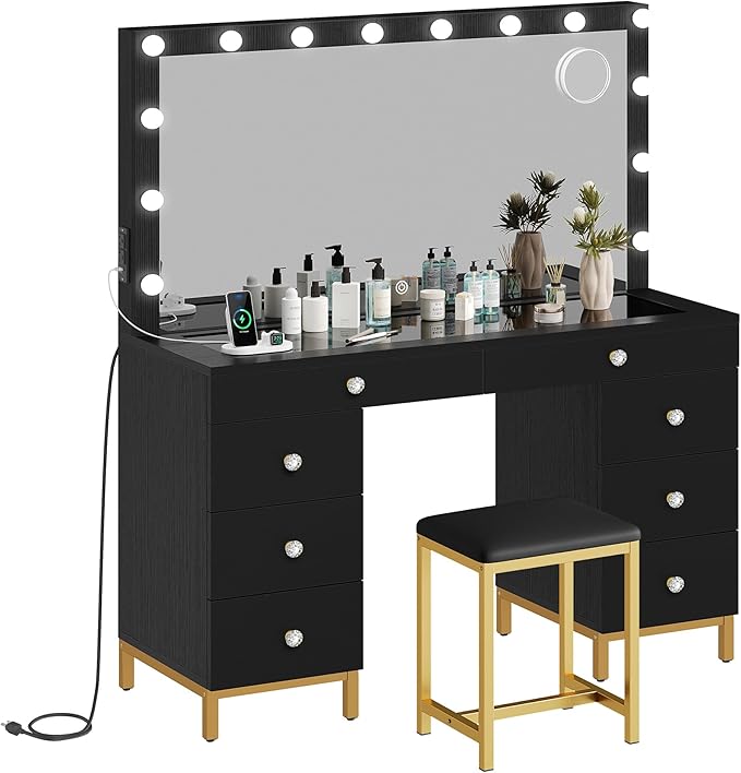 DWVO Black Vanity Desk with Mirror: Makeup Table Set with 14 LED Lights & Charging Station Magnifying Mirror, 3 Light Modes, 8 Drawers and Storage Stool