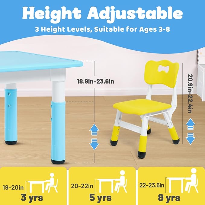 FUNLIO Kids Table and 2 Chairs Set, Height Adjustable Toddler Table and Chair Set for Ages 3-8, Easy to Wipe Arts & Crafts Table, for Classrooms/Daycares/Homes, CPC & CE Approved, Multi-Color