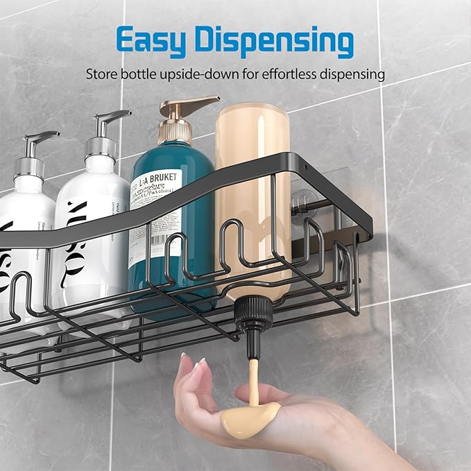 Adhesive Shower Caddy, No Drilling Bath Organizers 5 Pack, Rustproof Shelves with Soap Holder & Toothbrush Holder, Bathroom Organizers and Storage, Black