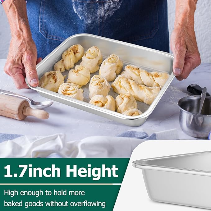 TeamFar Lasagna Pan, 10.6 x 8.3 x 1.7inch Stainless Steel Rectangular Cake Brownie Pan Casserole Baking Dish, Compact for Toaster Oven, Non Toxic & Healthy, Brushed Finish & Easy Clean-Dishwasher Safe