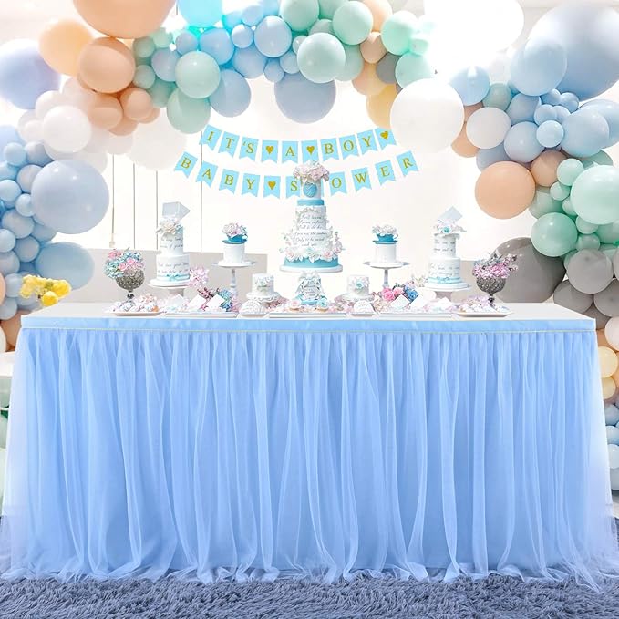 14ft Baby Blue Tulle Table Skirt for Baby Shower Boy Light Blue Tutu Table Cover for Birthday Party Baby Shark Gender Reveal Boy Elephant Theme Cake Table Decorations