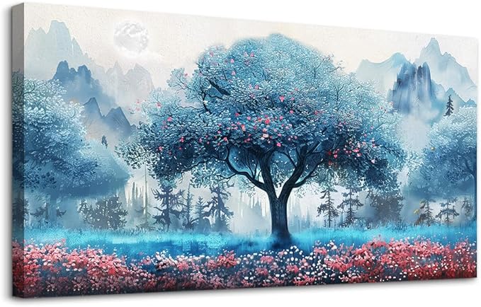 MHARTK66 Blue Tree Landscape Wall Paintings Large Wall Art For Bedroom Canvas Wall Decor For Living Room Office Decorations Farmhouse Pictures Artwork Ready To Hang Posters Home Decor 60"X30"