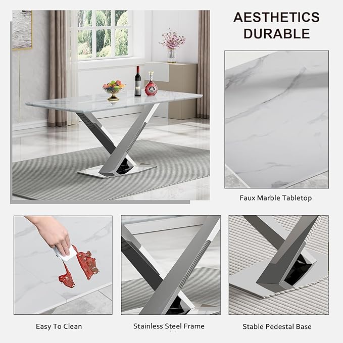 Goujxcy 70" Faux Marble Dining Table Set for 6, 7-Piece Dining Set with White Silver Kitchen Table and 6 Velvet Tufted Chairs, Modern Rectangular Dining Room Table with X-Shape Stainless Steel Base