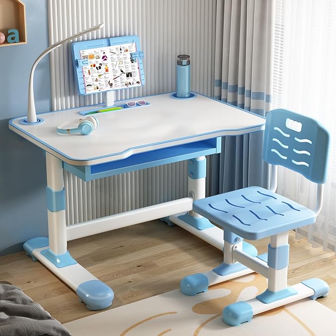 Study Desk Chair Set for Kids, Blue, Modern, Height Adjustable, Tiltable Reading Stand, Extra Large Drawer, LED Table Light