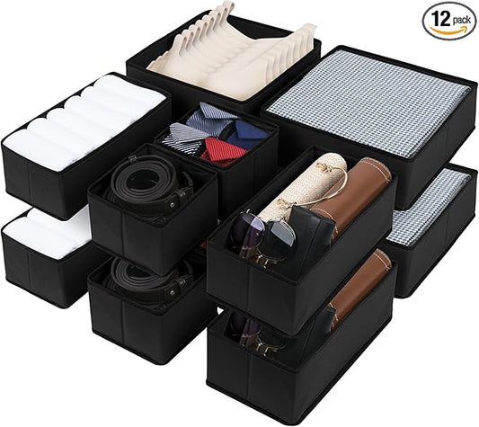 Cupic Cupid Drawer Organizer, Dresser Organizers, Foldabe Drawer Organizer Clothes, Closet Organization and Storage Dividers for Socks, Underwear and Diaper, Set of 12, Black