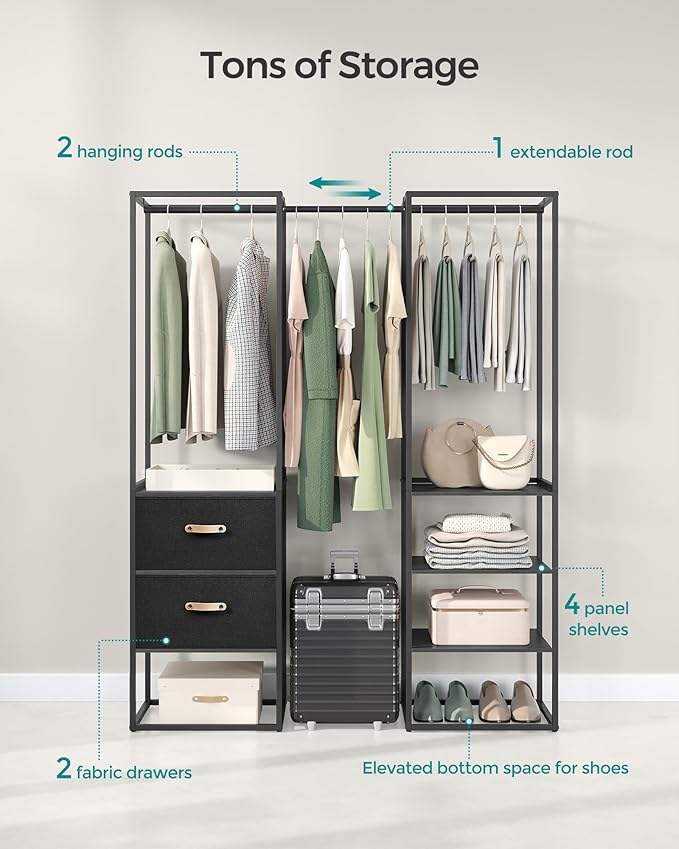 SONGMICS Clothes Rack, 70.9 Inch Wardrobe Freestanding Closet, Heavy Duty Garment Rack with 1 Extendable Hanging Rod, 2 Drawers and 4 Shelves, for Bedroom, Space-Saving, Ebony Black URGR003B56