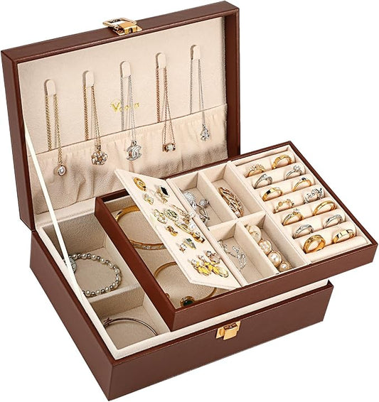 Voova Jewelry Box Organizer for Women Girls, 2 Layer Large Men Jewelry Storage Case, PU Leather Display Jewellery Holder with Removable Tray for Necklace Earrings Rings Bracelets, Caramel Brown