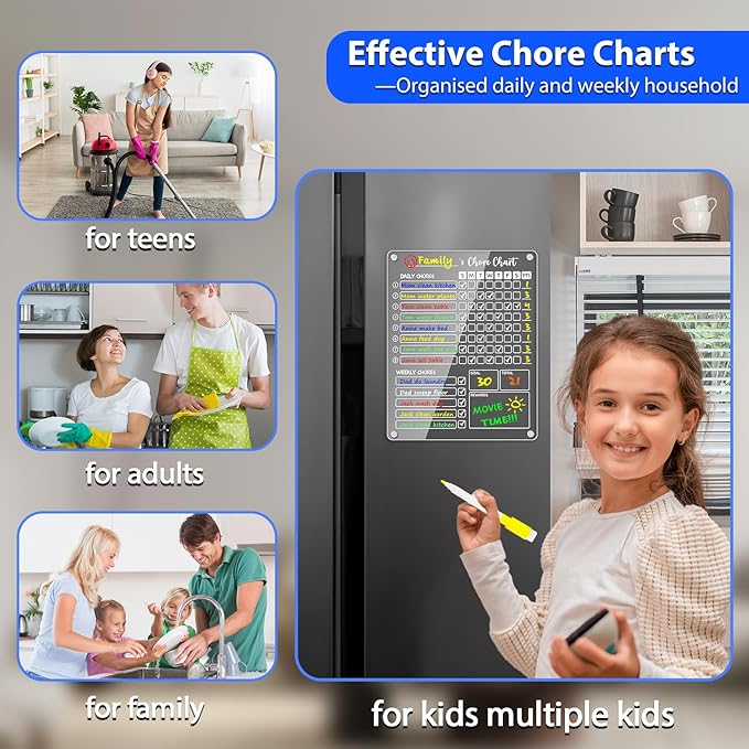 PigPotParty 3 Pack Acrylic Magnetic Kids Chore Chart for Multiple Kids & Family on Fridge – 9.5"x12" Weekly Dry Erase Chore Board with 12 Fine Point Colorful Markers & 1 Towel