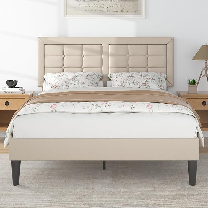 VECELO Full Size Bed Frame with Adjustable Headboard, Upholstered Button Tufted Platform Bedframe with Wood Slats Support, No Box Spring Needed, Beige