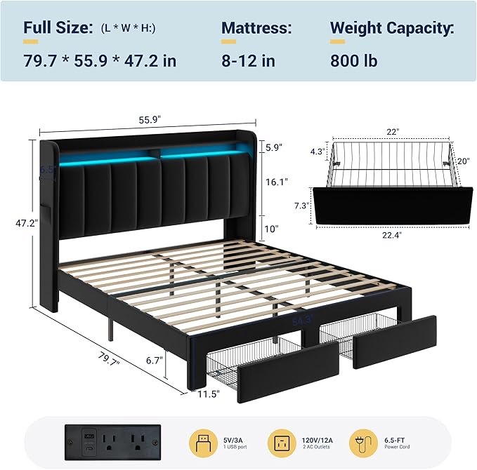 Allewie Velvet Vertical Tufted Full Size Upholstered Platform Bed Frame with 2-Tier LED Storage Headboard & 2 Storage Drawers, USB & Type-C Charging Ports, Noise-Free/No Box Spring Needed, Black