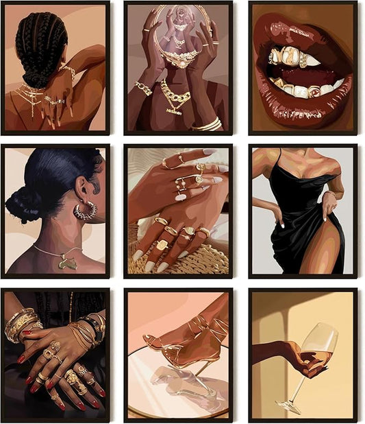 SEHSUVC Black Girl Posters Wall Art Set of 9, Abstract African American Woman Wall Decor Painting, Trendy Boho Artwork Aesthetics Prints for Living Room Bedroom Home Decor Unframed 8x10In