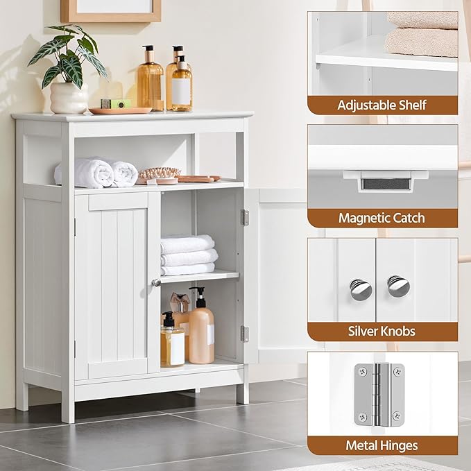 Yaheetech Bathroom Floor Storage Cabinet, Wooden Free Standing Storage Organizer with 2 Doors & Adjustable Shelves, for Living Room Hallway, White