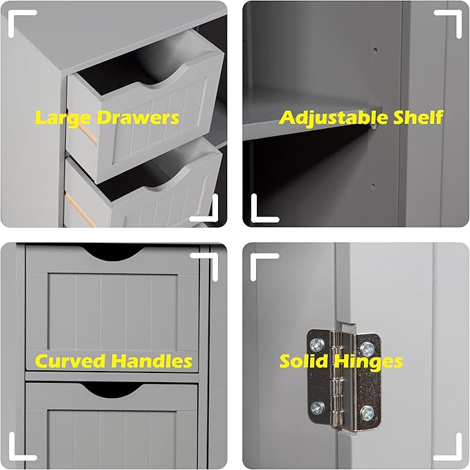 GLACER Bathroom Floor Cabinet, Multifunctional Storage Cabinet with 4 Drawers and 1 Door, Wooden Side Storage Organizer for Bathroom, Living Room or Kitchen, 22 x 12 x 32 inches (Grey)