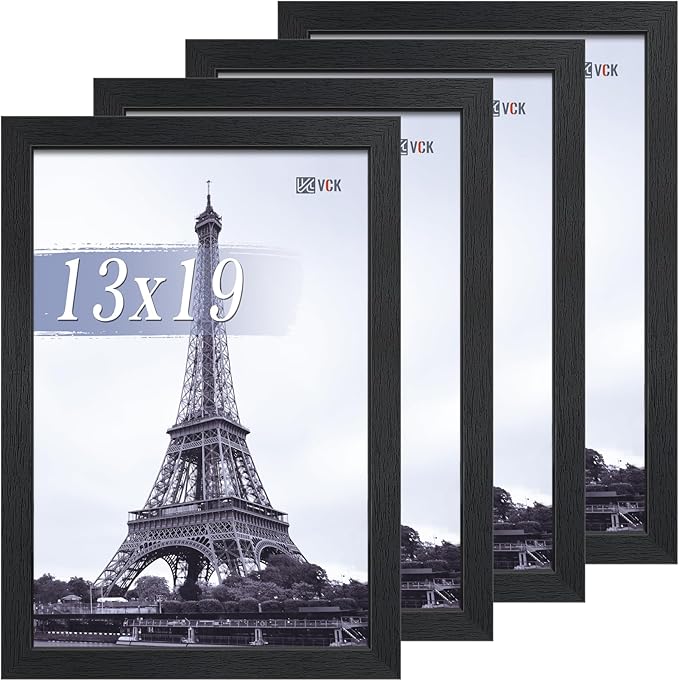 VCK 13x19 Picture Frame Set of 4 - Black, Gallery-Quality Wood Poster Frames, 1.1-Inch Wide Border, Polished Plexiglass, Vertical or Horizontal Wall Display for Photo/Art/Prints, Black