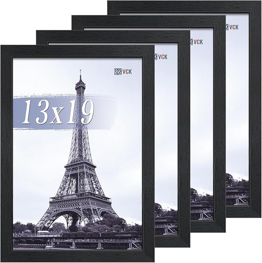 VCK 13x19 Picture Frame Set of 4 - Black, Gallery-Quality Wood Poster Frames, 1.1-Inch Wide Border, Polished Plexiglass, Vertical or Horizontal Wall Display for Photo/Art/Prints, Black
