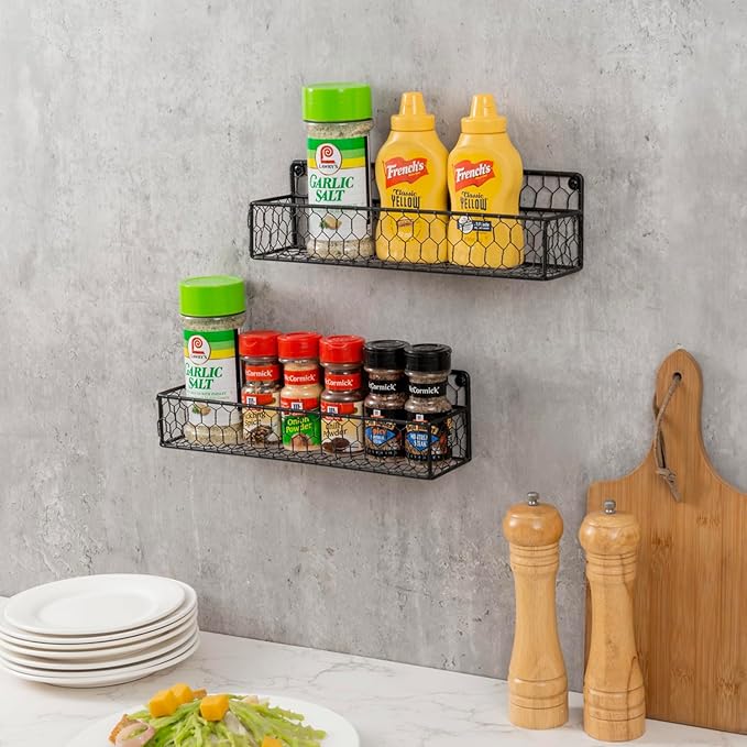 MyGift Wall Mountable Spice Rack Shelf Organizer, 12-Inch Black Chicken Wire Hanging Kitchen Seasoning Condiment Storage Display Rack, Set of 2