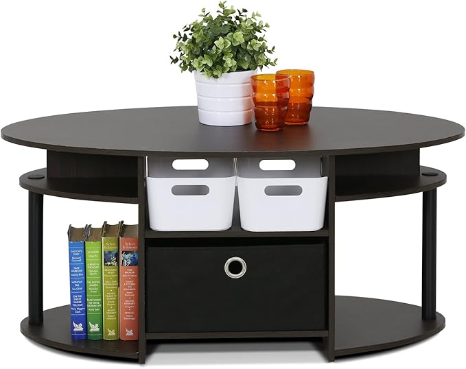Furinno Jaya Simple Design Oval Coffee Table with Bin for Living Room, Walnut