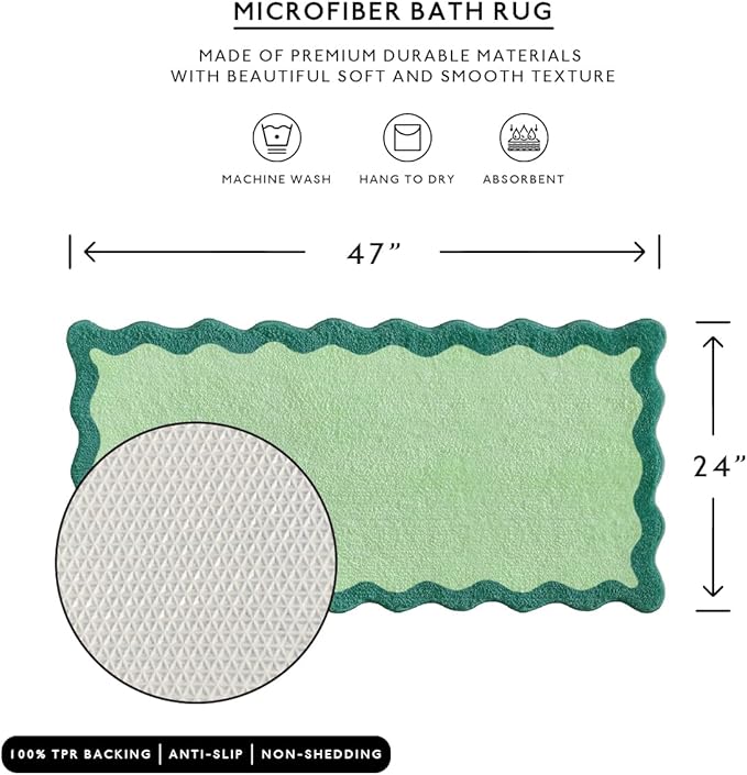 MONDAY MOOSE Bath Mat with Scalloped Wavy Ripple Design, Microfiber Absorbent Non Slip Tufted Rug for Floor, Shower or Kitchen (24x47 inch, Teal Green)