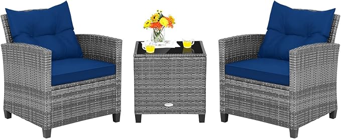 Tangkula 3 Pieces Patio Furniture Set, Outdoor PE Rattan Conversation Chair Set with Tempered Glass Side Table and Removable Cushions, PE Wicker Chairs and Table Set for Porch, Balcony and Garden