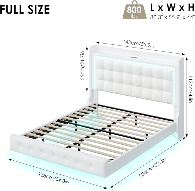 Keyluv Upholstered Full Floating Bed Frame with LED Lights and Charging Station, Pu Leather Platform Bed with Button Tufted Storage Headboard, Type-C & USB Charging Ports, No Box Spring Needed, White