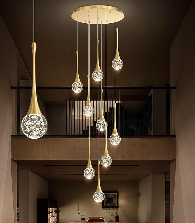 9 Light Modern Glam Crystal Chandelier for High Ceiling LED Dimmable Ceiling Pendant Light Staircase Foyer Enterway Living Room Chandelier Lighting Antique Gold