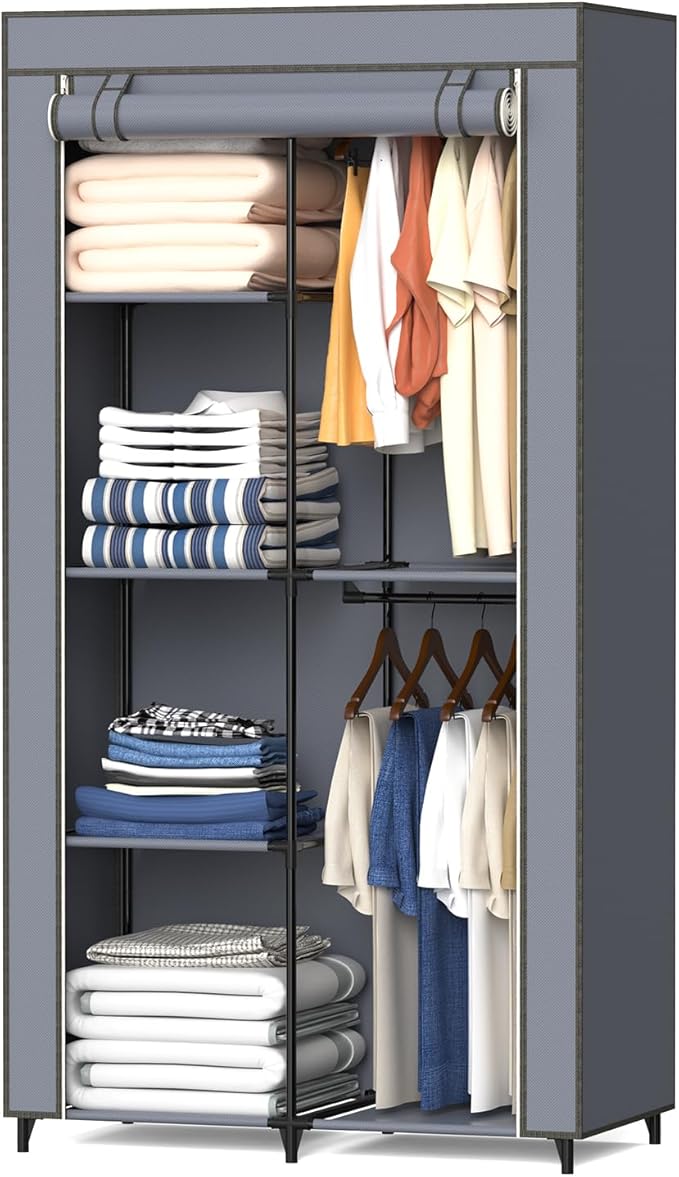 Portable Closet, Wardrobe Closet with 6 Storage Shelves and 2 Hanging Rods, Non-Woven Fabric Cover, 34.6 x 17.7 x 66.1 Inches Closet Organizer for Bedroom, Gray