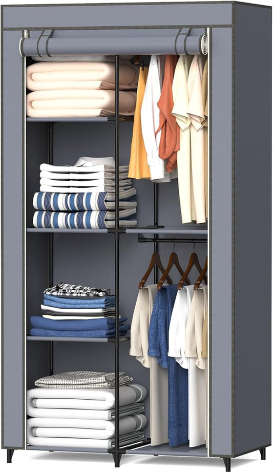 Portable Closet, Wardrobe Closet with 6 Storage Shelves and 2 Hanging Rods, Non-Woven Fabric Cover, 34.6 x 17.7 x 66.1 Inches Closet Organizer for Bedroom, Gray