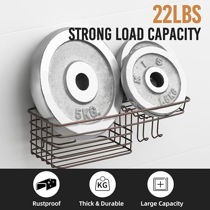 LEVERLOC Shower Caddy Suction Cup, Heavy Duty Bathroom Organizer for Inside Shower with Hooks & Soap holder， NO-Drilling Bathroom Holder-Brown