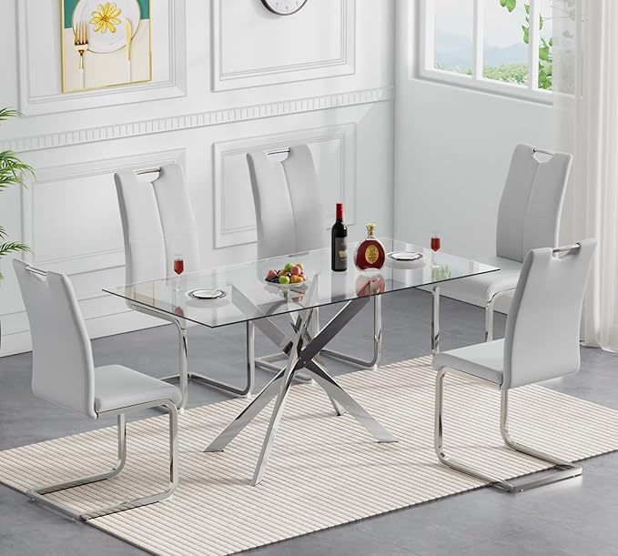 Modern Glass Dining Table Set for 4, Silver Glass Kitchen Table and Chairs Set of 4, 5 Piece Dining Room Table Set with 61" Rectangular Metal Glass Dinner Table and 4 Grey Leather Dining Chairs