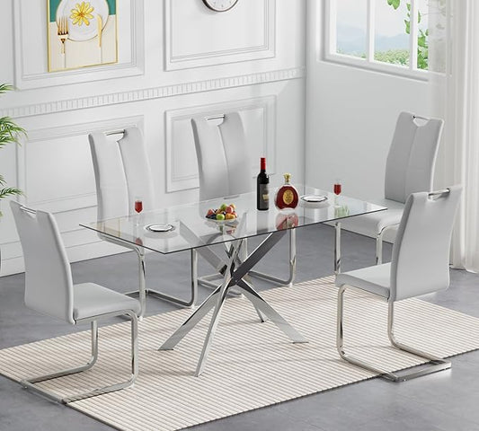 Modern Glass Dining Table Set for 4, Silver Glass Kitchen Table and Chairs Set of 4, 5 Piece Dining Room Table Set with 61" Rectangular Metal Glass Dinner Table and 4 Grey Leather Dining Chairs