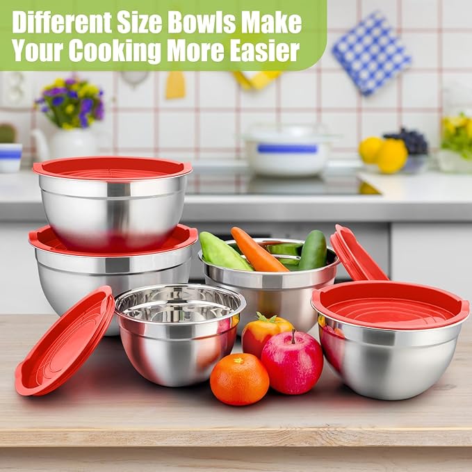 P&P CHEF Mixing Bowl with Airtight Lid Set of 5, 10-Piece Stainless Steel Nesting Salad Bowl Set for Prepping, Mixing and Serving, Size 4.6, 3, 1.5, 1, 0.7 QT, Rimmed Edges & Flat Base, Red