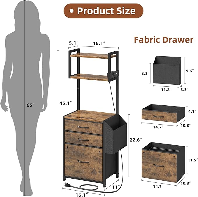 Small 3 Drawer File Cabinet with Charging Station, 3-Tier Tall Filing Cabinet for Home Office, 11''*16'' for Small Printer, Fabric Drawer Fits Letter/A4, Printer Stand 45''H, Rustic Brown
