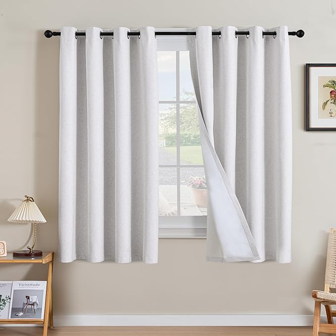 H.VERSAILTEX Linen Curtains 100% Blackout Curtains for Bedroom 63 inch Long Full Light Blocking Nature Linen Blended Window Curtains for Living Room Nickel Grommet (2 Panels, Heathered White)