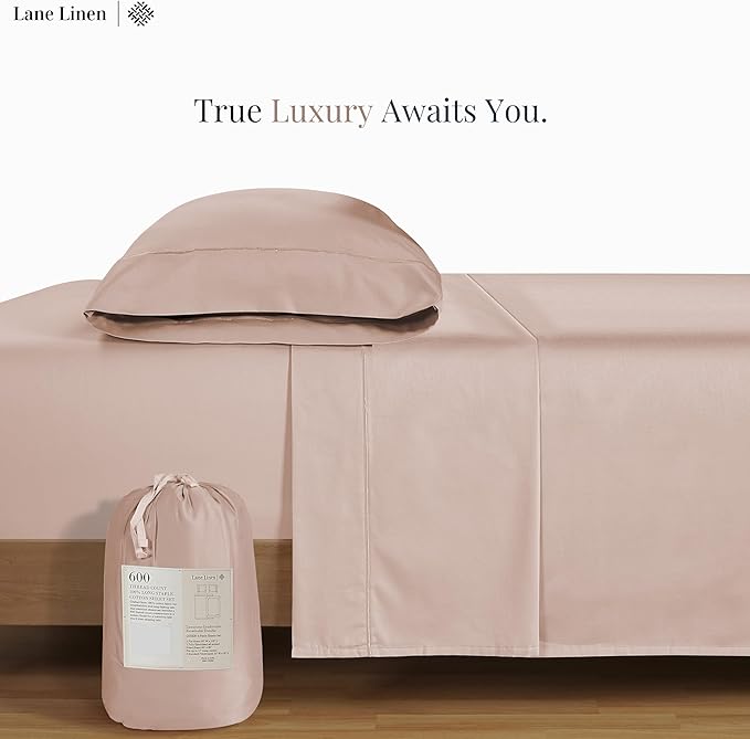 LANE LINEN 100% Cotton 600 TC Twin XL Bed Sheets Set, Machine Wash Fully Elasticized Twin XL Sheet Sets, Luxury Hotel Like Thick Bedding Sheet & Pillowcases, Sateen Weave- Dusty Rose